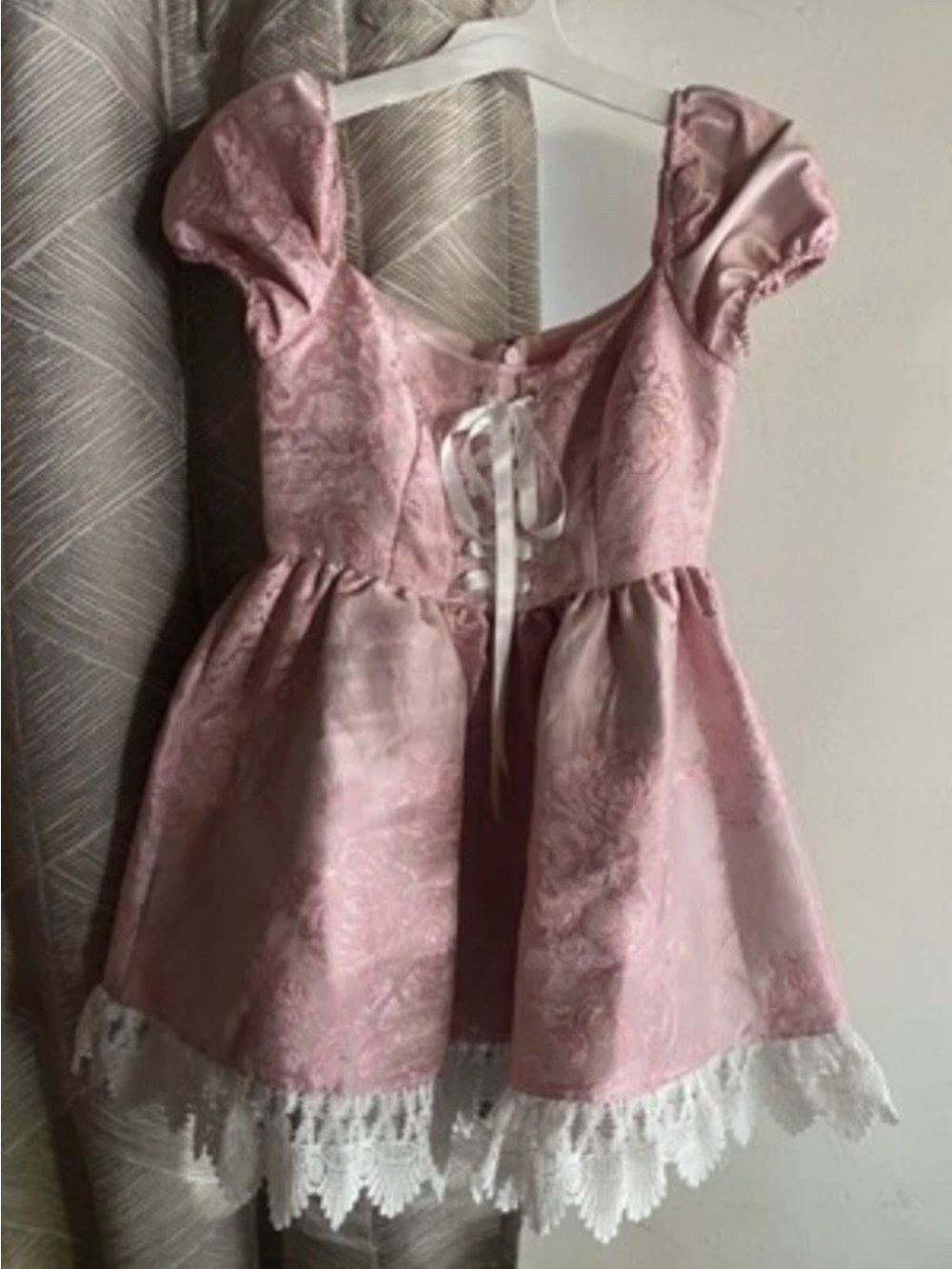 Sugar Thrillz Brocade Lace Trim Mini Dress Pink Corset Sz Small